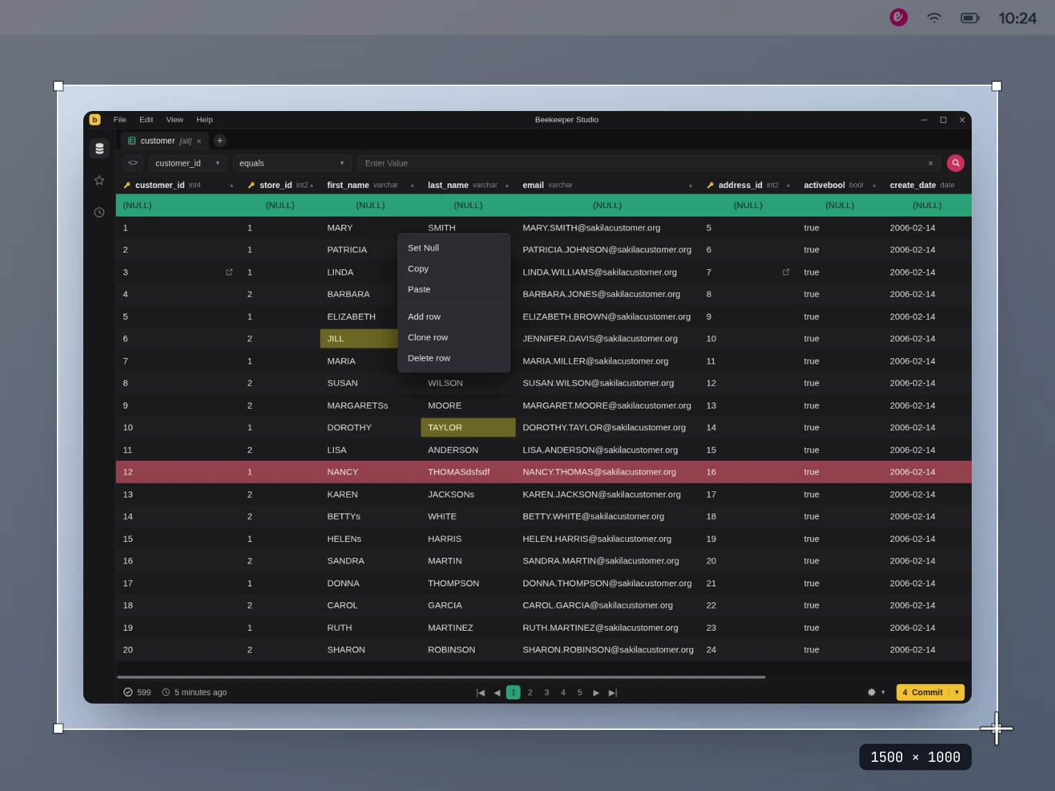 A screen with a selection drawn around a database window, ready to capture, and escribo waiting in the menu bar