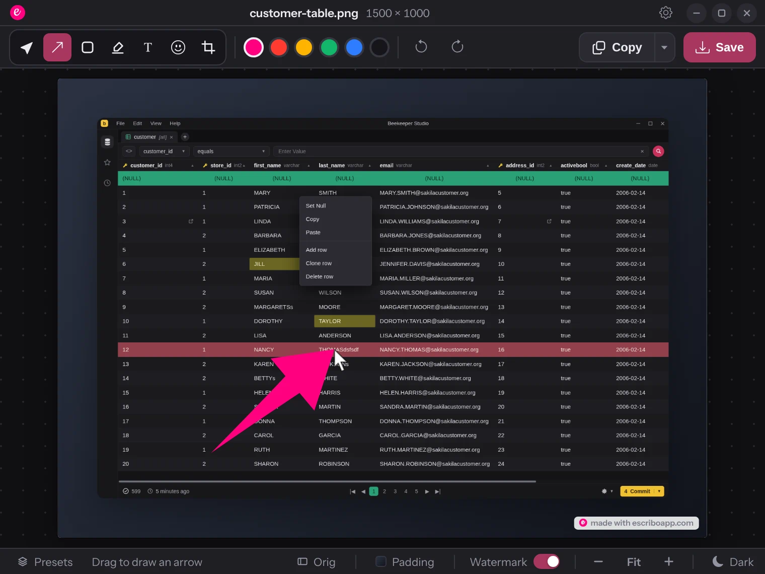The screenshot open in escribo, with a pink arrow being drawn onto the flagged row